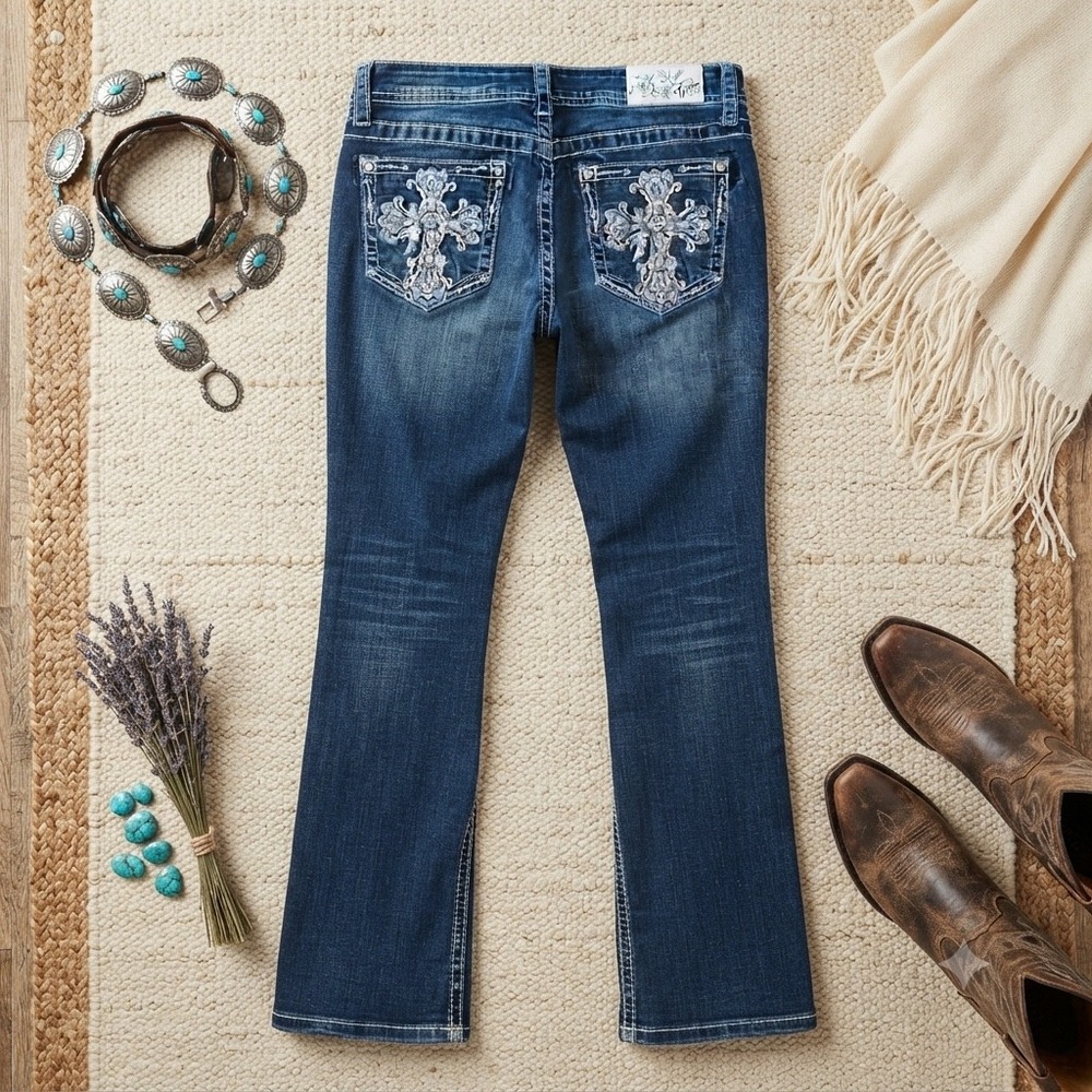 Grace in LA Womens Bootcut Jeans Medium Wash Cross Embroidered Sequin Size 30